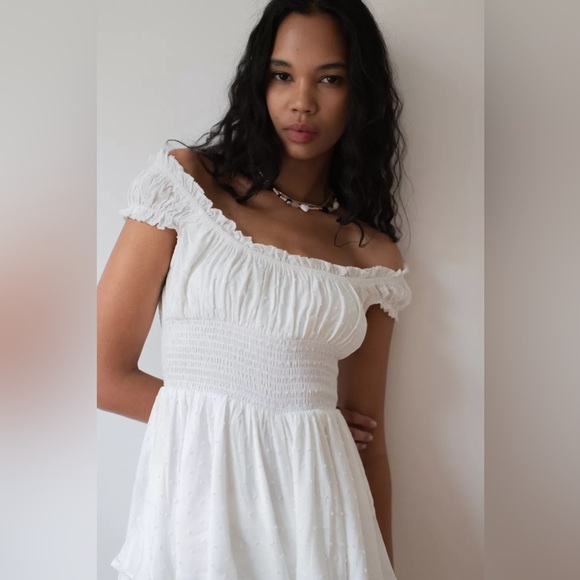 UO Rosie Smocked Tiered Ruffle Romper - White Large - Picture 2 of 8